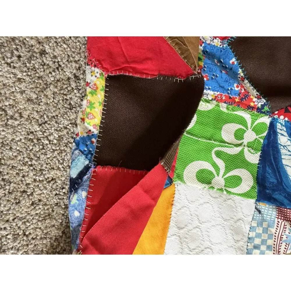 VINTAGE CRAZY QUILT TOP Kaleidoscope 8 Point Star COLORFUL Quilt OOAK Hand Sewn
